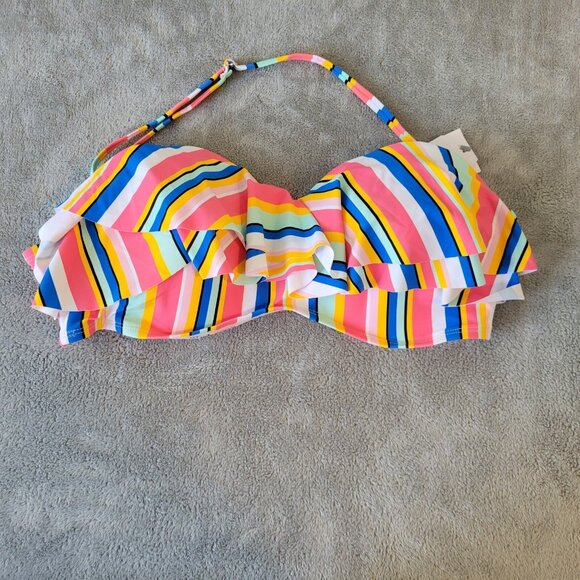 Time Tru Womens Bikini Top XL 16 18 Blue Pink Stripe Ruffle Bra STR15E - Picture 1 of 8